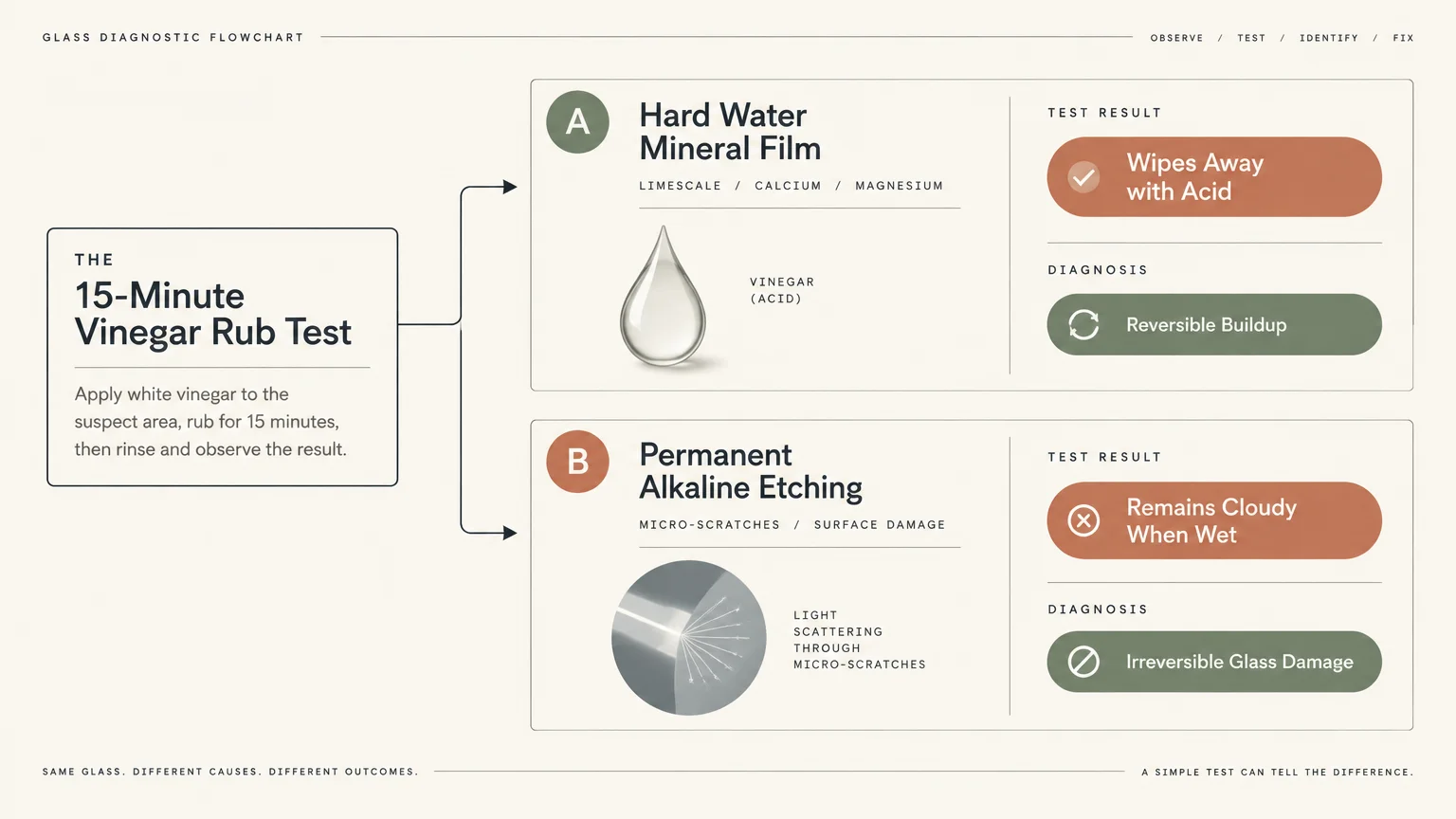 Glass diagnostic flowchart comparing vinegar test results for hard water mineral film versus permanent alkaline etching.