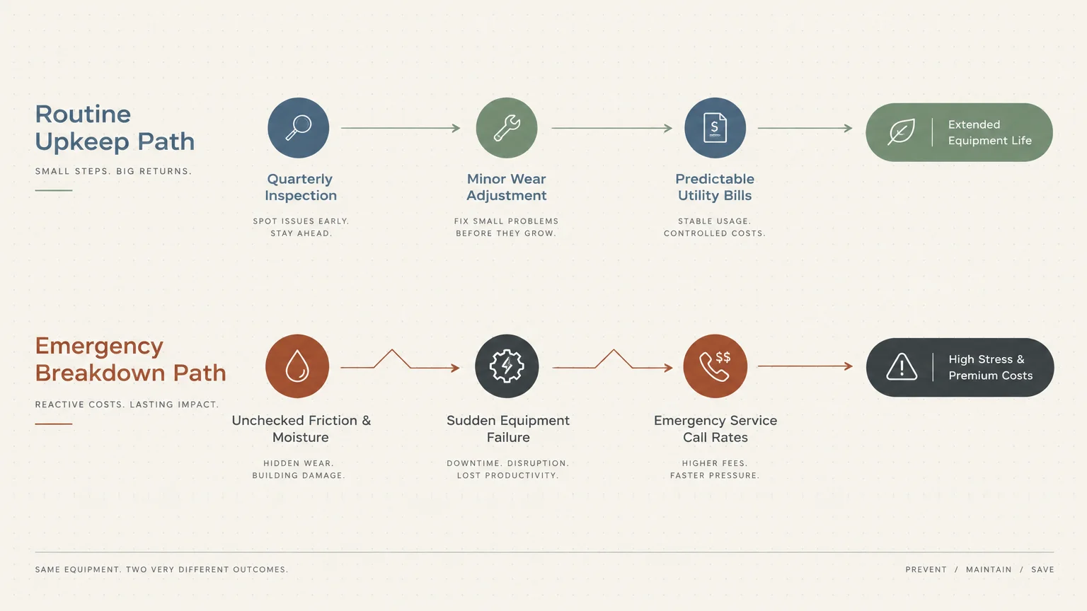 Flowchart comparing a routine upkeep path ending in extended equipment life against an emergency breakdown path.