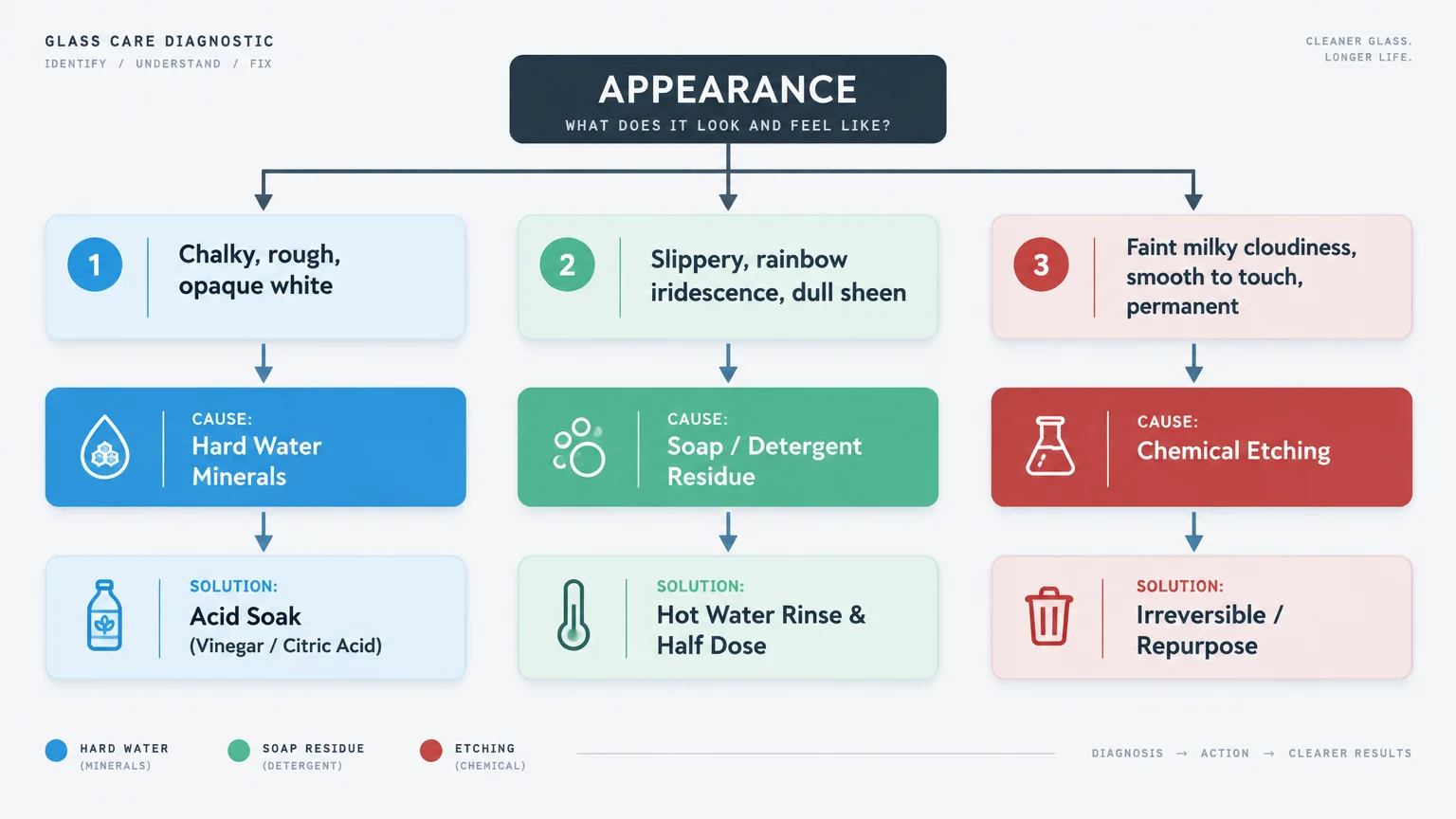 Flowchart categorizing glass haze by appearance into causes like hard water or detergent residue, alongside remedies.