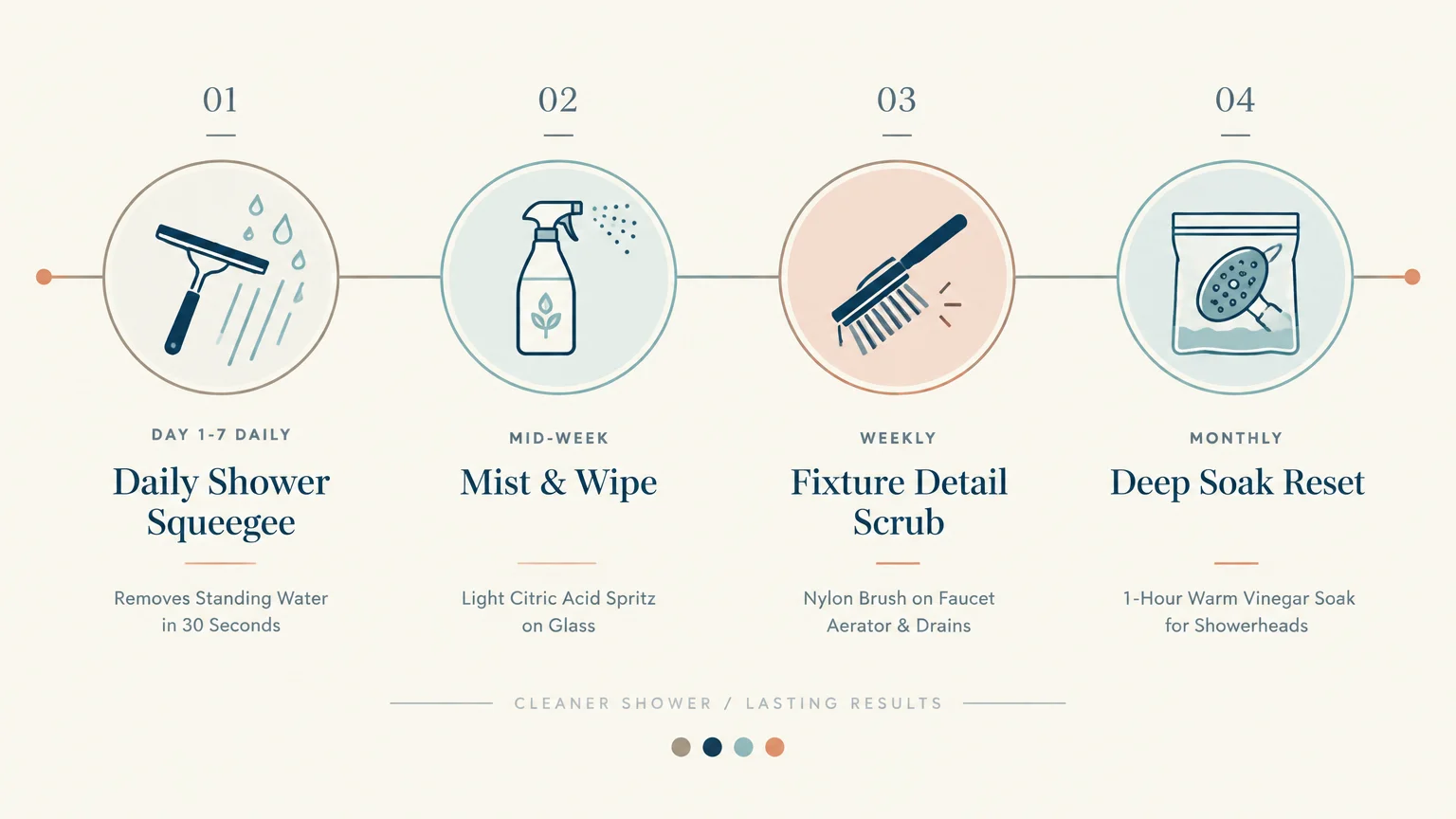 Four-step diagram showing a daily squeegee, mid-week mist, weekly scrub, and monthly showerhead soak.