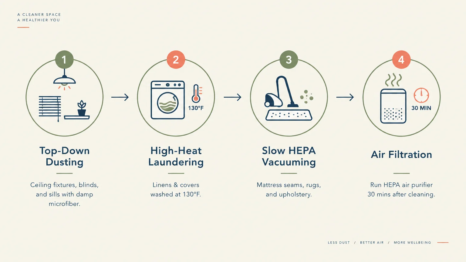 Infographic of four numbered cleaning steps: Top-Down Dusting, High-Heat Laundering, Slow HEPA Vacuuming, and Air Filtration.