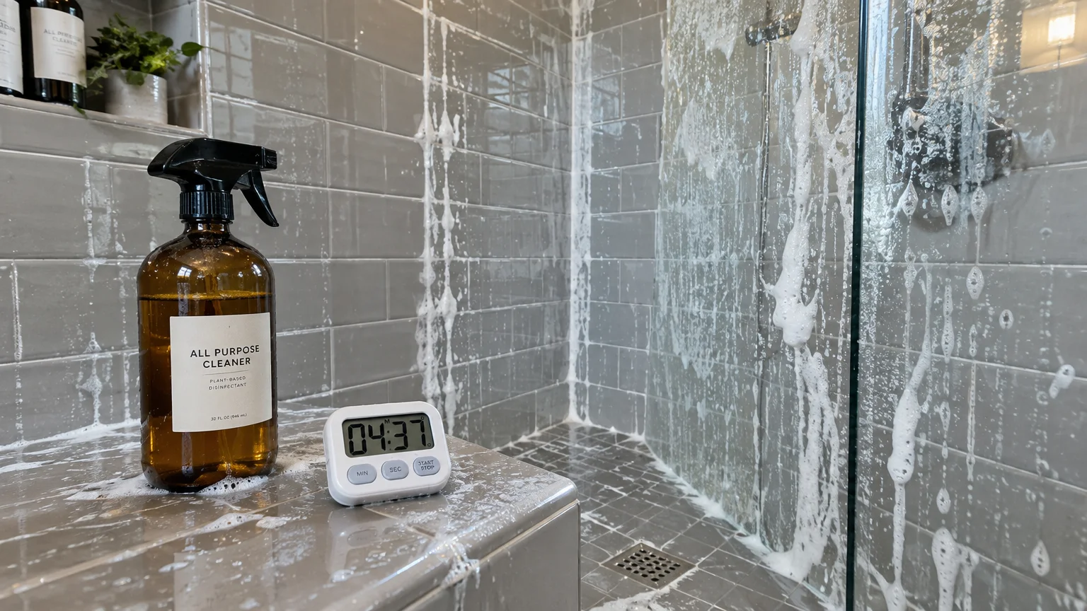 Spray bottle and digital timer counting down on a tiled ledge in a shower covered in dripping white cleaning foam.