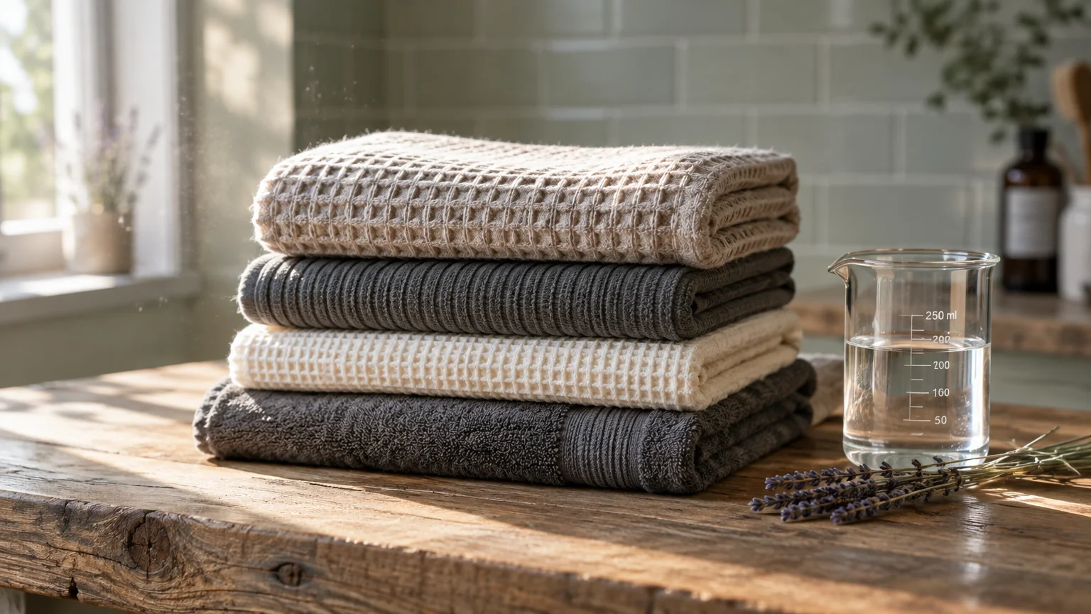 A stack of folded neutral waffle-weave towels sits on a wooden counter next to a glass beaker of clear liquid.