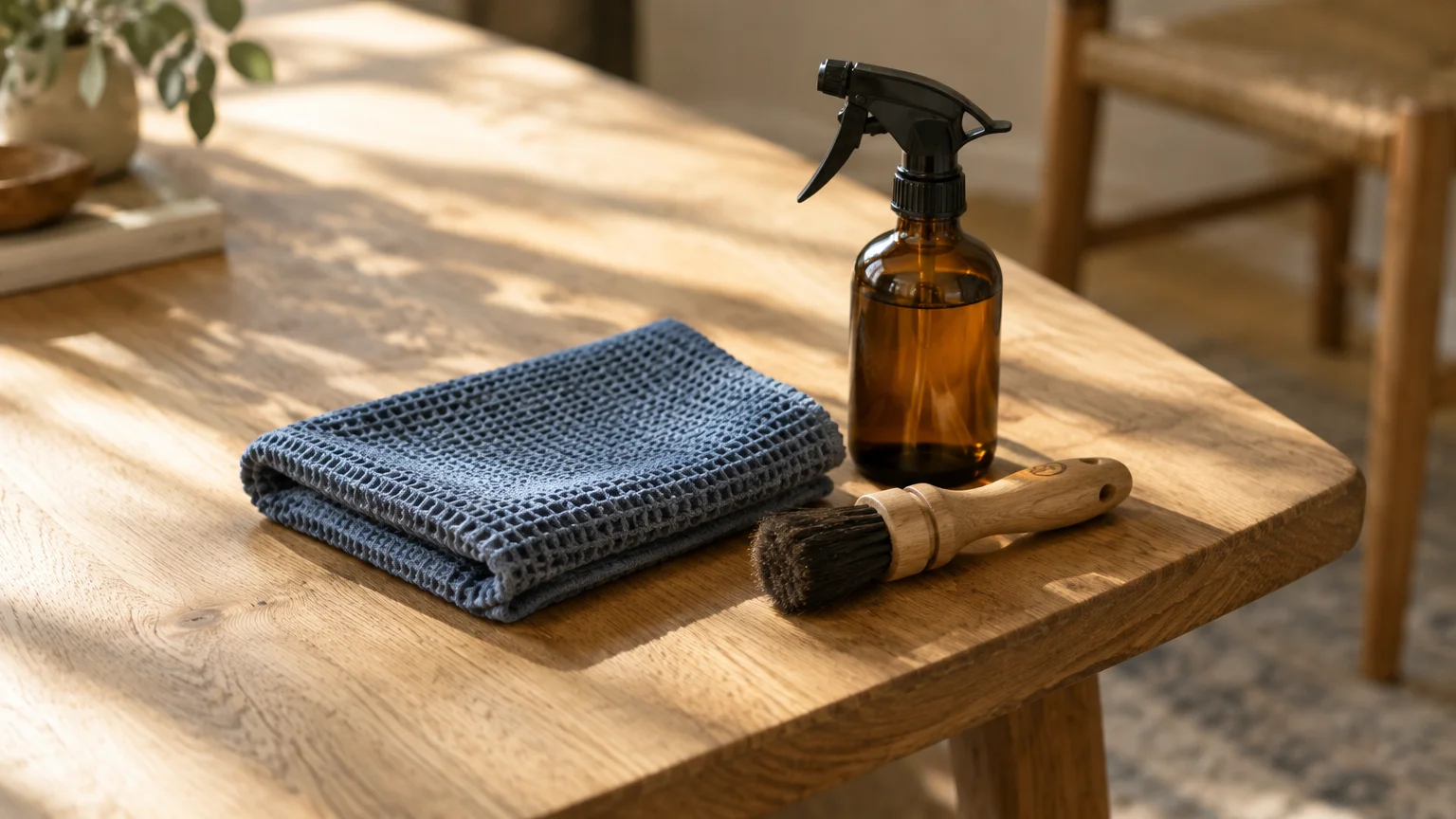 A folded blue waffle cloth, amber glass spray bottle, and wooden scrub brush sit on a wooden dining table.