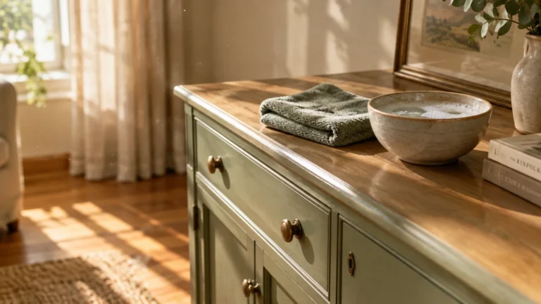 Green painted sideboard with a folded towel and ceramic bowl of soapy water on its wooden top in soft sunlight.