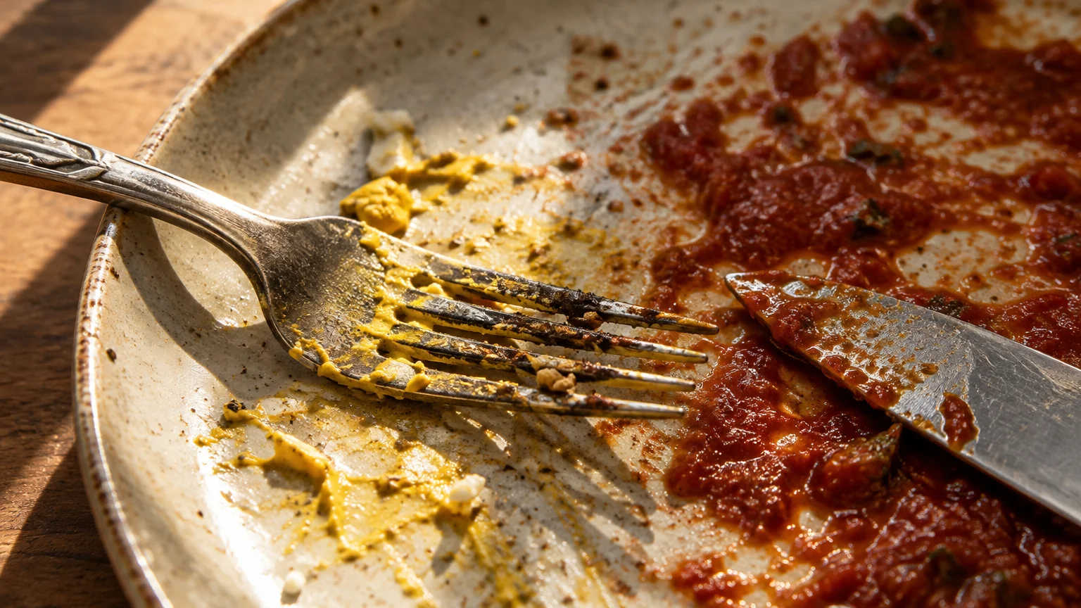 A dirty plate with leftover mustard and red tomato sauce alongside a soiled metal fork and knife.