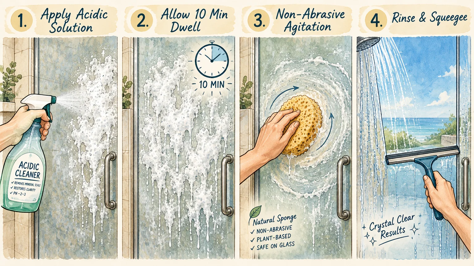 Four-step diagram showing acidic solution spray, ten-minute dwell time, sponge scrubbing, and rinsing with a squeegee.
