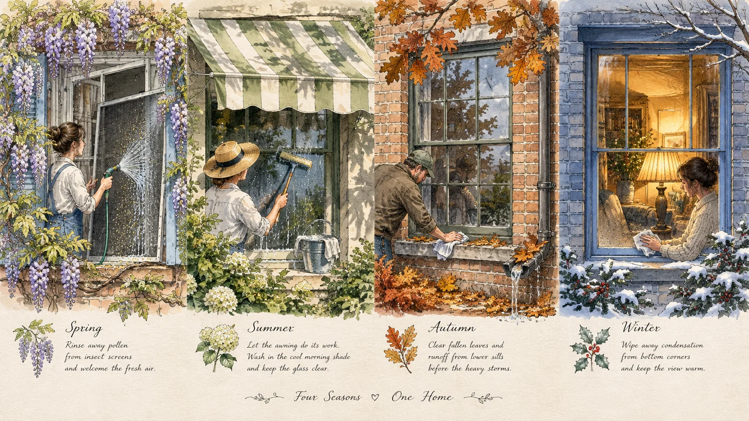 Four-panel watercolor illustration showing people cleaning and maintaining house windows across spring, summer, autumn, winter.