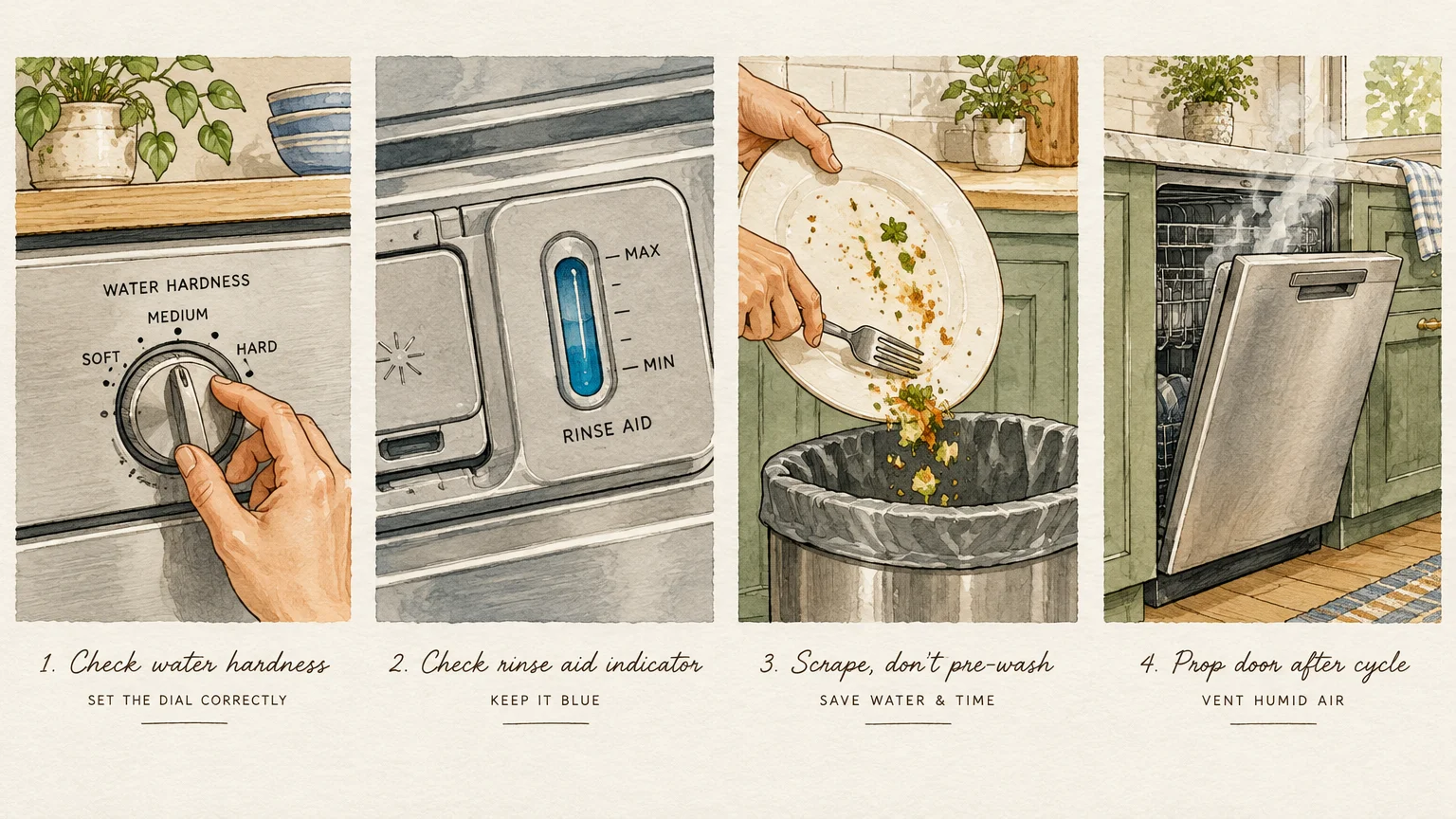 Four-panel illustration showing water hardness settings, rinse aid gauge, scraping food into trash, and a steaming dishwasher.