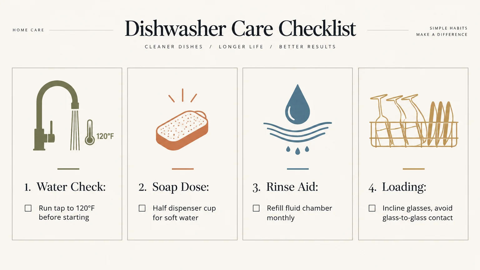 Four-step dishwasher care checklist diagram detailing water check, soap dose, rinse aid, and loading tips with line art icons.