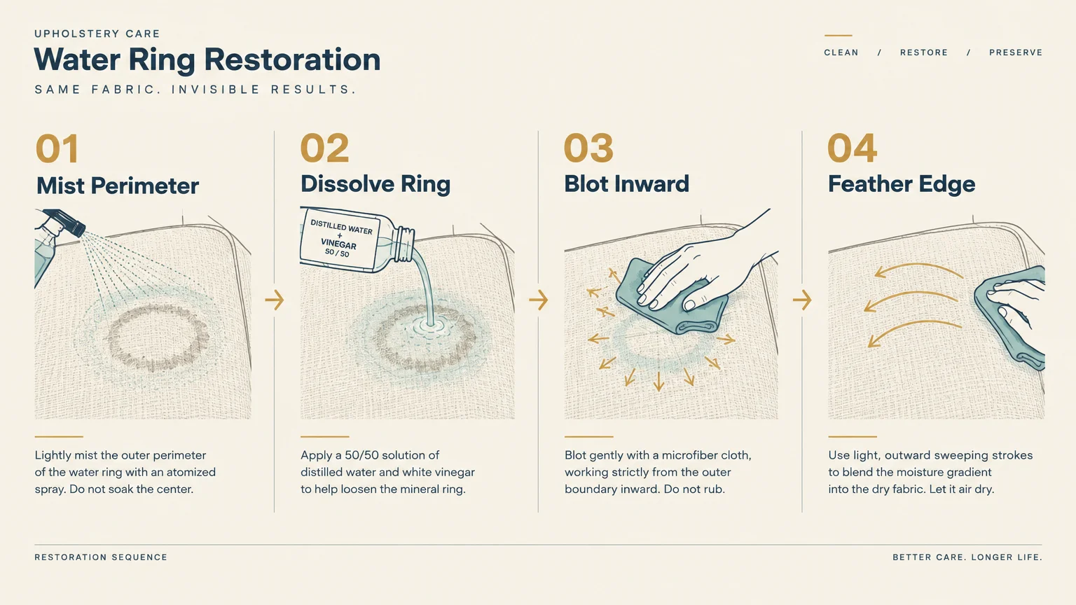Four-step diagram showing how to mist, dissolve, blot inward, and feather the edge of a water ring on upholstery fabric.