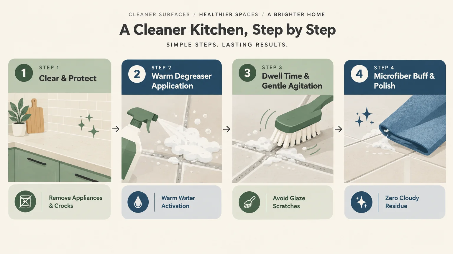 Four-step diagram showing clearing counters, spraying degreaser on tile, scrubbing grout, and buffing with a microfiber cloth.