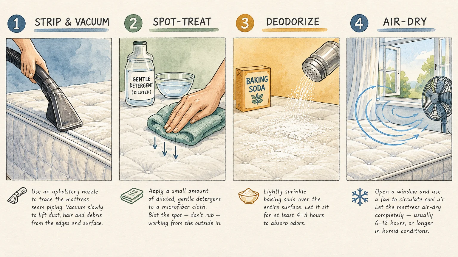 Four-panel illustration showing how to vacuum, spot-treat, deodorize with baking soda, and air-dry a mattress.