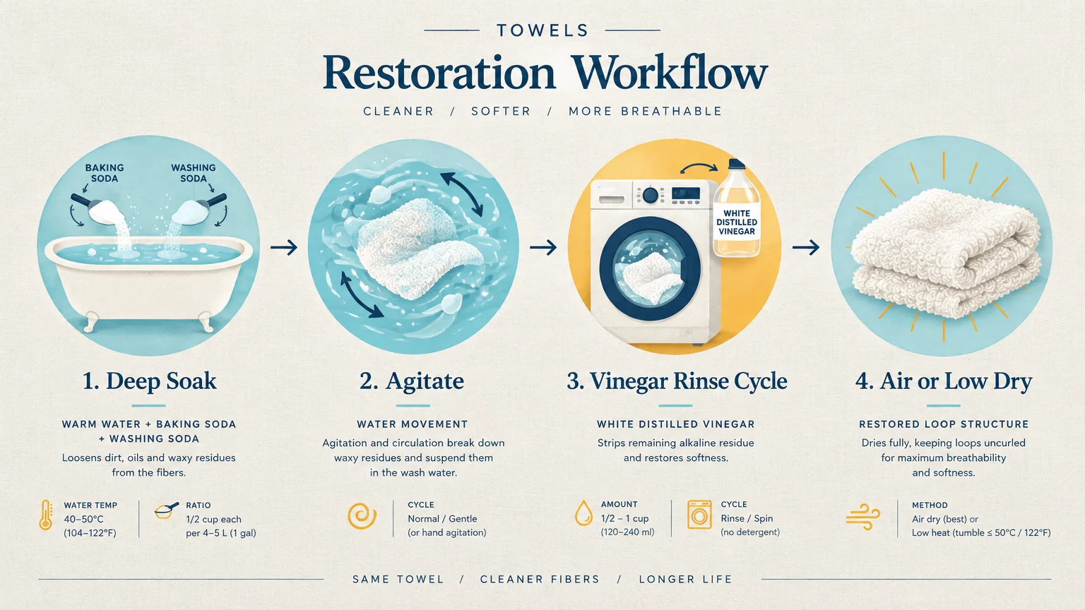 Diagram outlining a four-step towel restoration workflow: deep soak, agitate, vinegar rinse cycle, and air or low dry.
