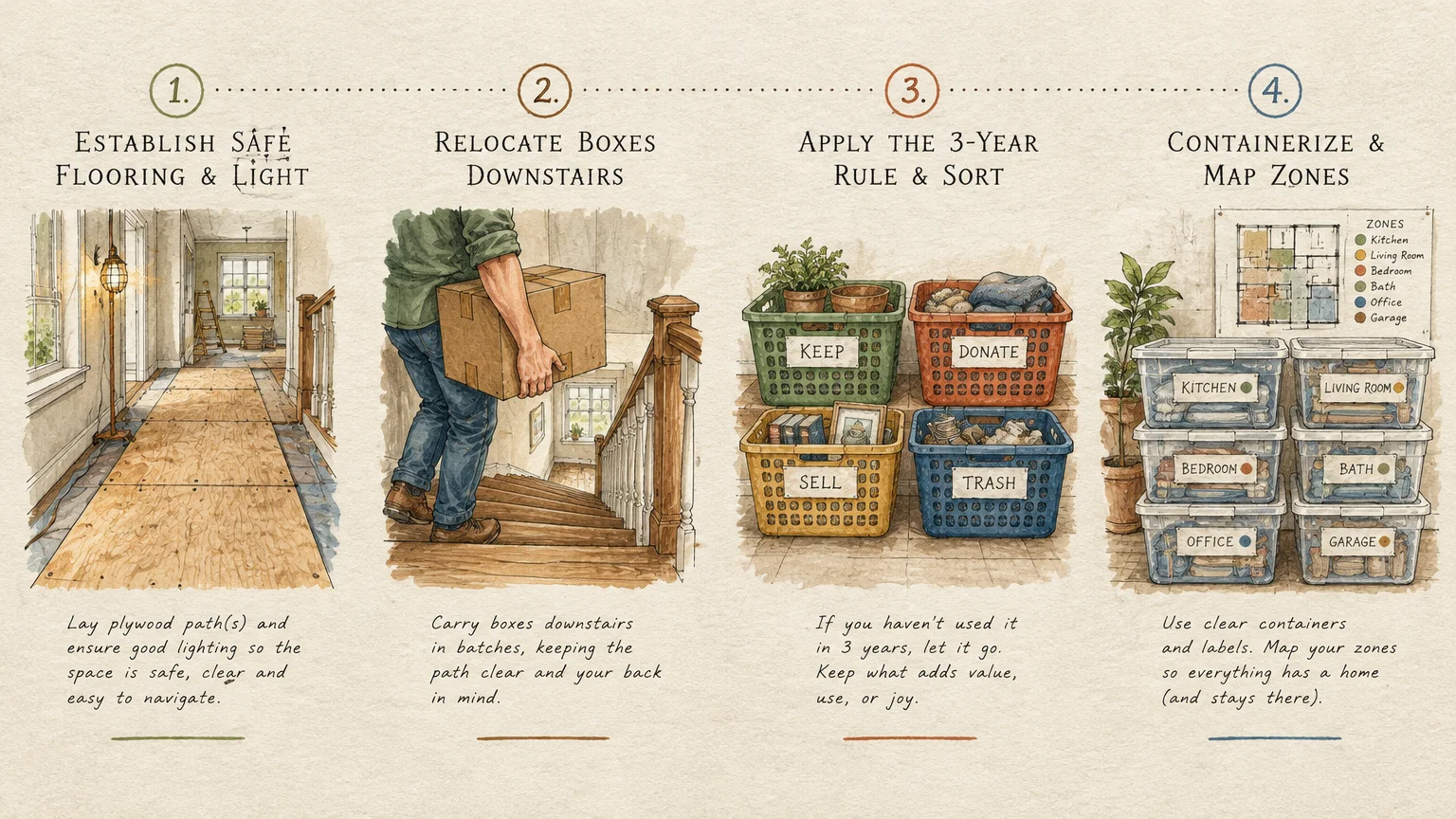 Four-step diagram showing attic safety flooring, carrying boxes downstairs, sorting into four bins, and labeled storage.