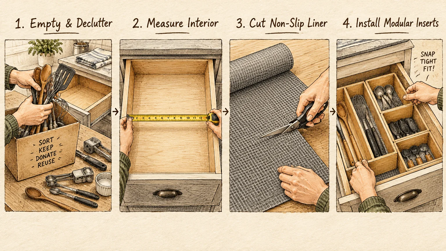 Four-step diagram showing hands emptying a kitchen drawer, measuring it with tape, cutting liner, and fitting wooden inserts.