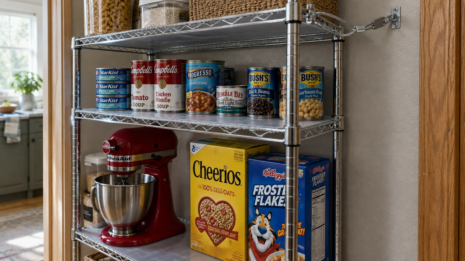 Wire pantry rack with translucent shelf liners holding canned goods, cereal boxes, and a red stand mixer.