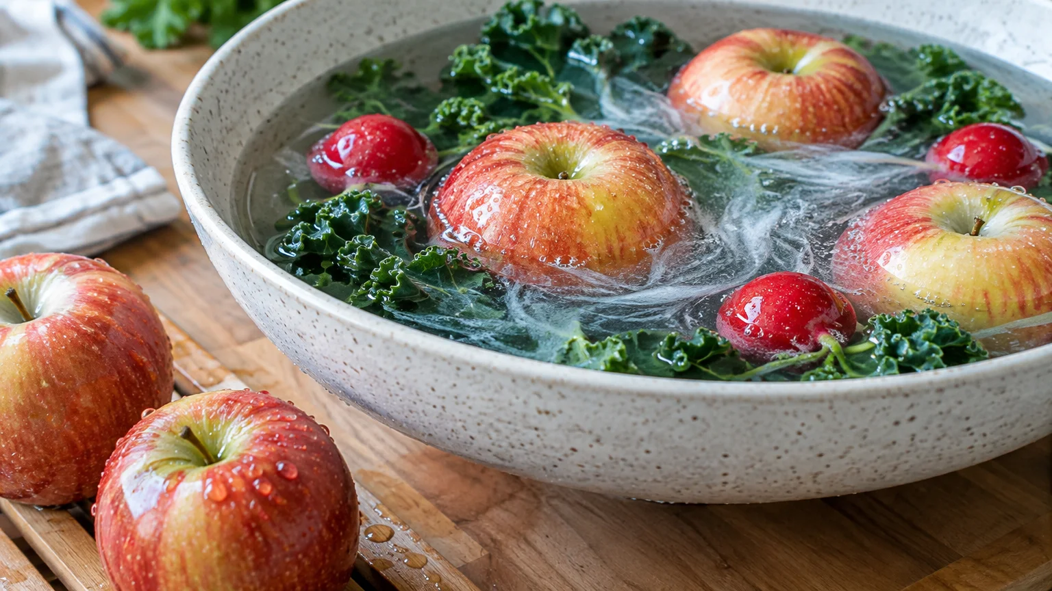 Apples, radishes, and kale soaking in a speckled ceramic bowl filled with water on a wooden table.