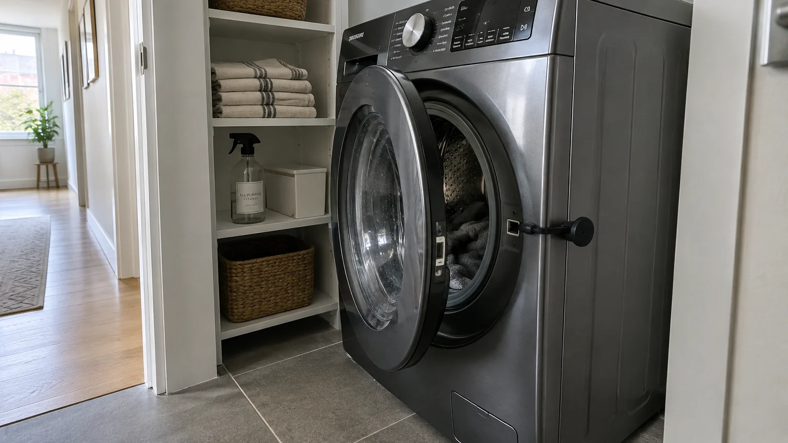 A front-load washing machine with its door propped open by a small black magnetic latch in a laundry room.