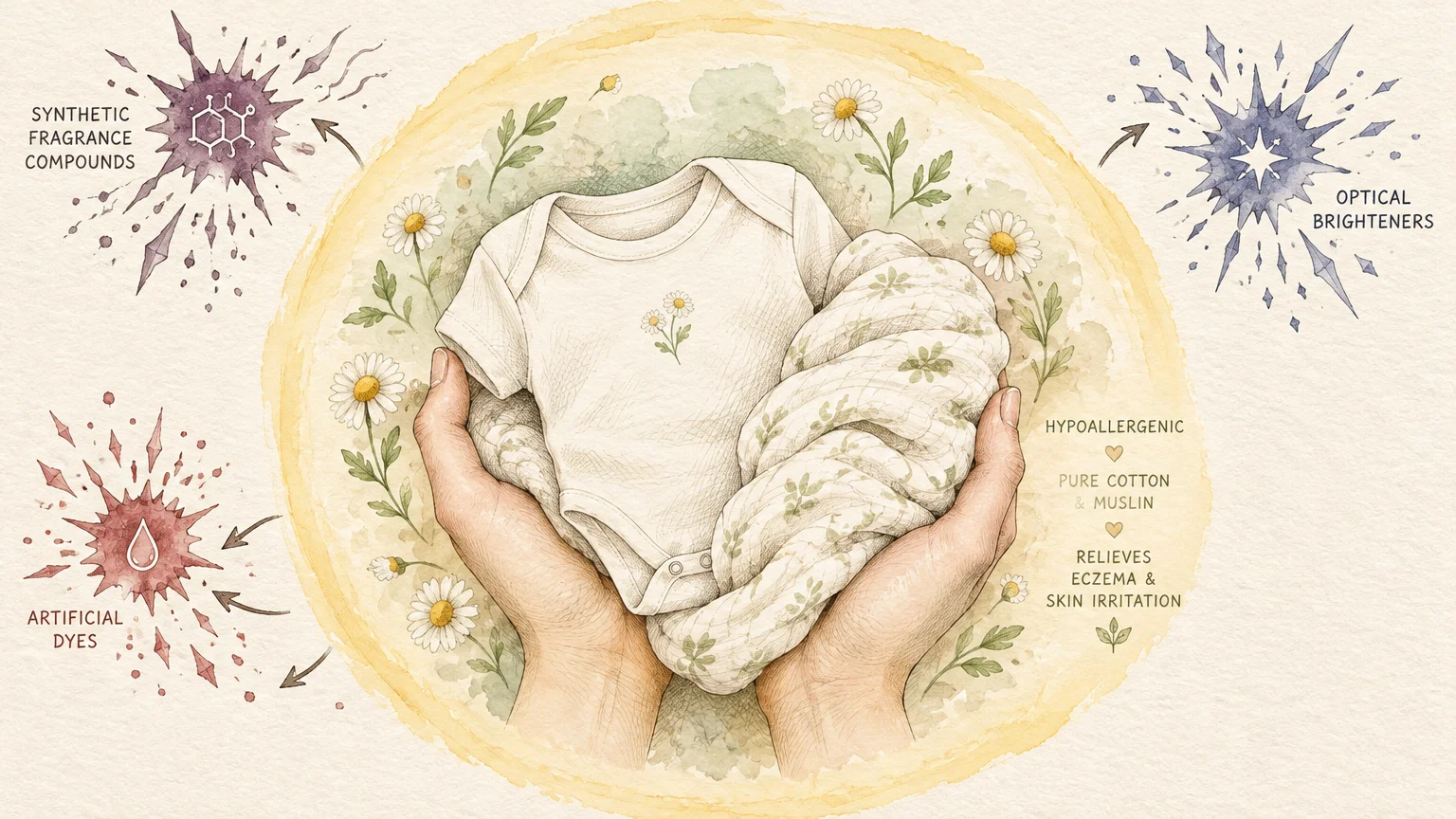 Watercolor illustration of hands holding a baby onesie surrounded by daisies and symbols of chemical irritants.