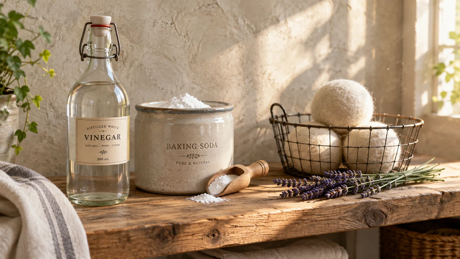 A bottle of distilled white vinegar, jar of baking soda, wooden scoop, wool dryer balls in a basket, and lavender sprigs.