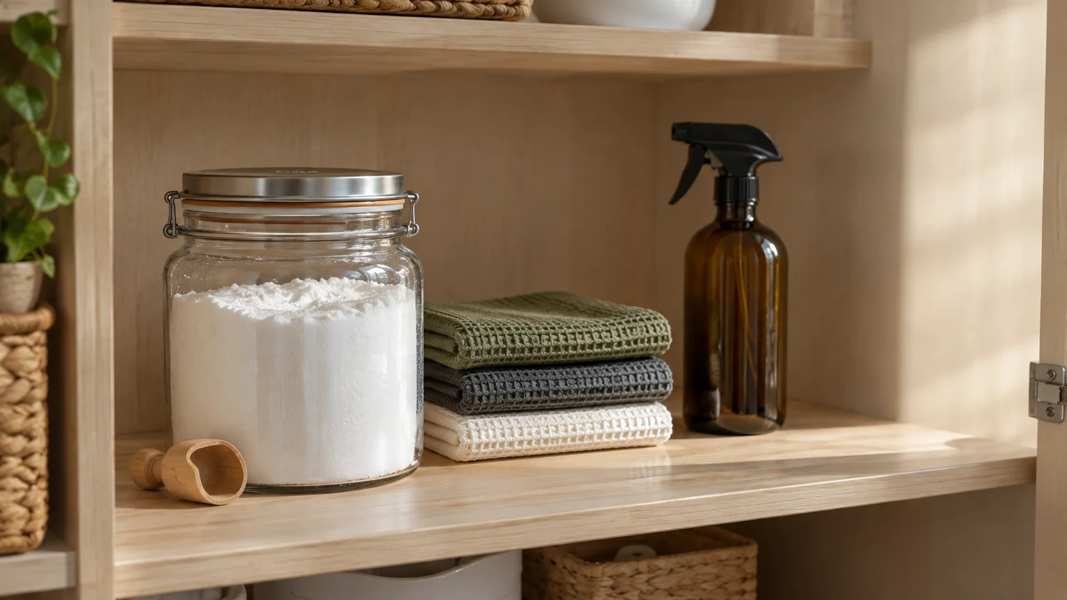 Glass jar of white powder, wooden scoop, folded waffle towels, and an amber spray bottle on a wooden shelf.