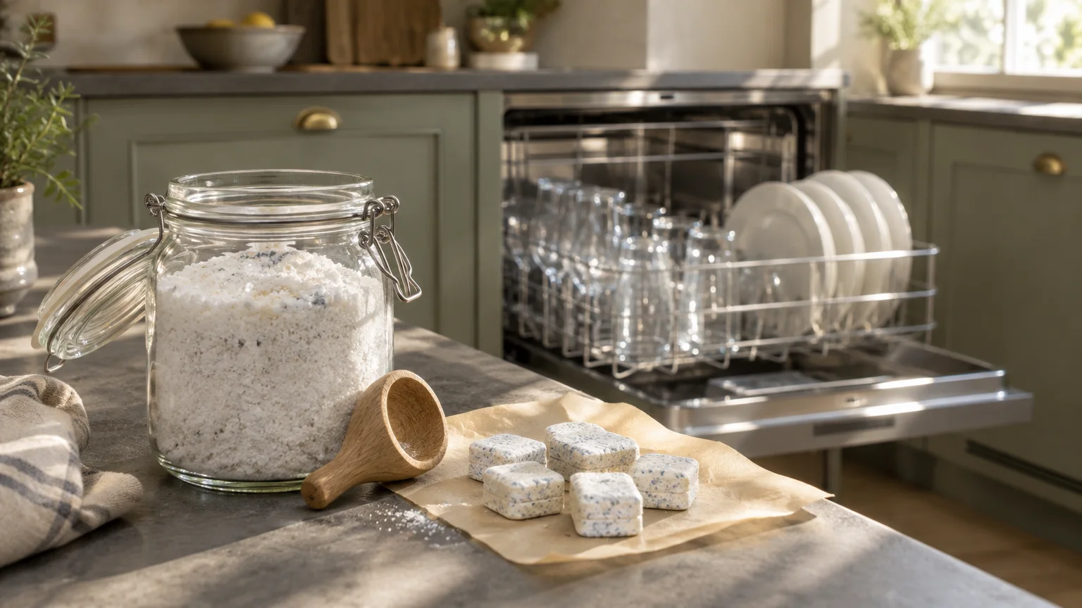 Glass jar of powdered detergent, wooden scoop, and handmade detergent tablets on a counter before an open dishwasher.