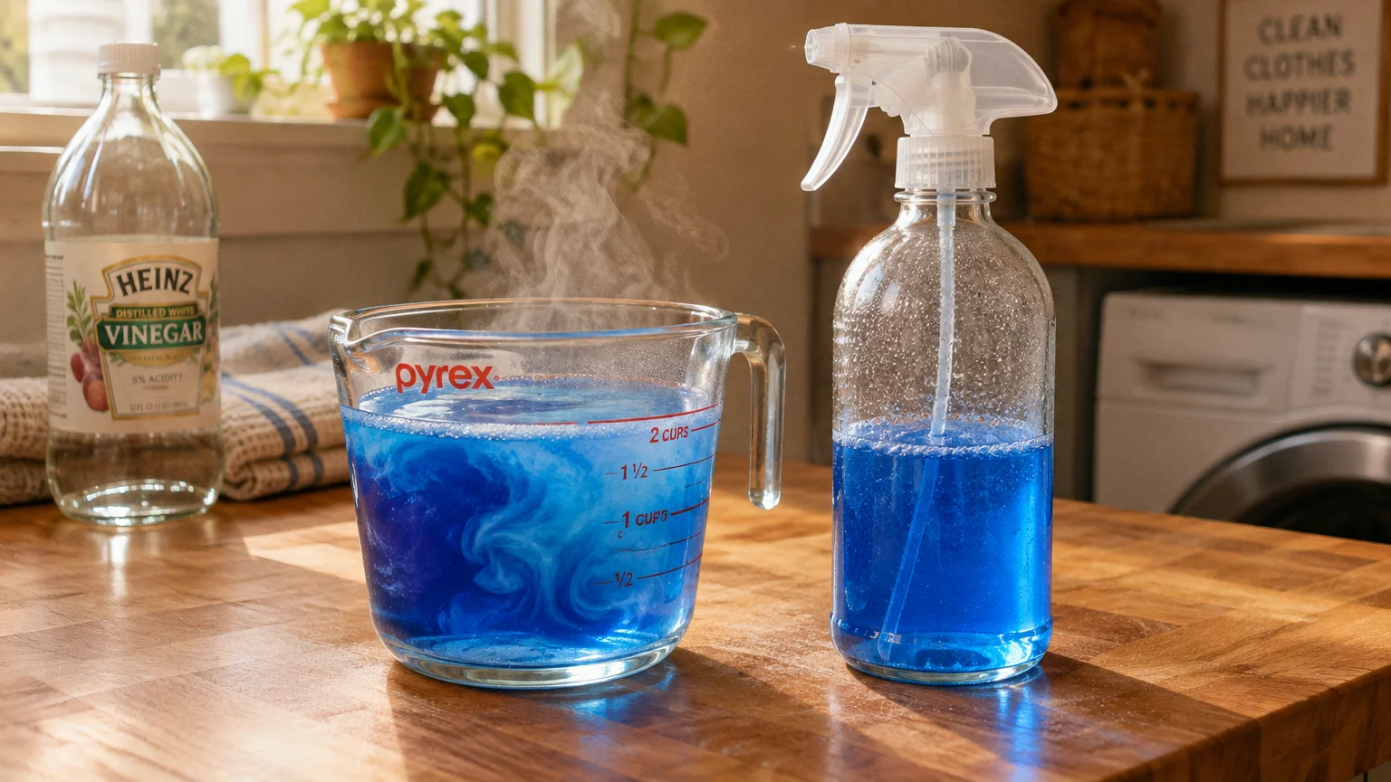 Steaming blue liquid in a glass measuring cup beside a spray bottle and vinegar bottle on a wooden counter.