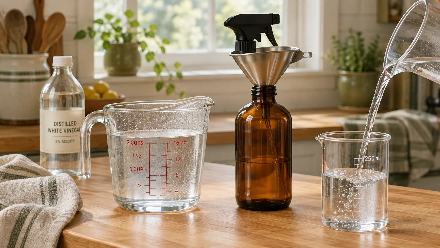 Glass measuring cups, a bottle of white vinegar, and an amber spray bottle with a funnel on a wooden counter.