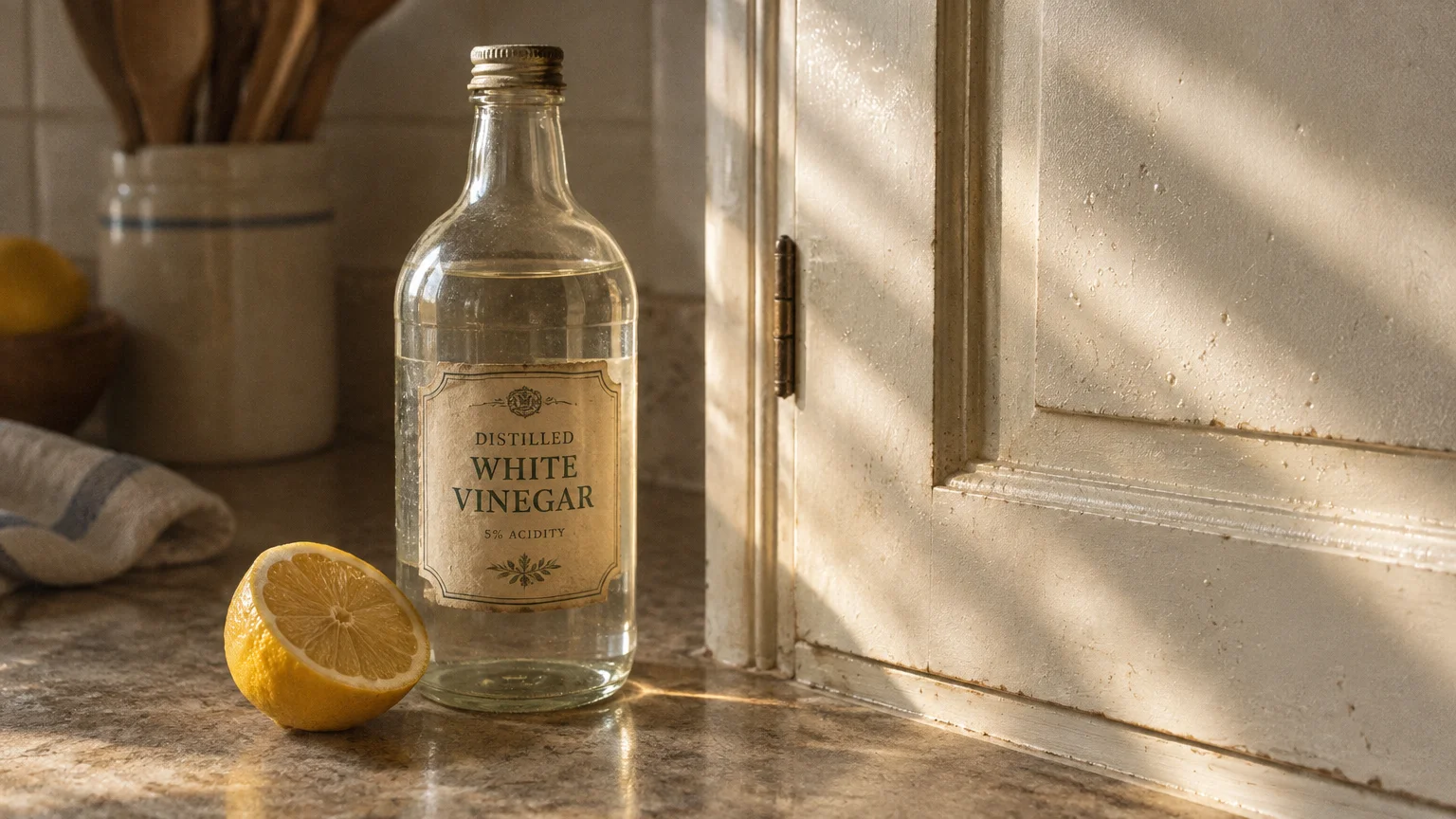 A bottle of distilled white vinegar sits on a kitchen countertop next to a cut lemon half and a painted cabinet.