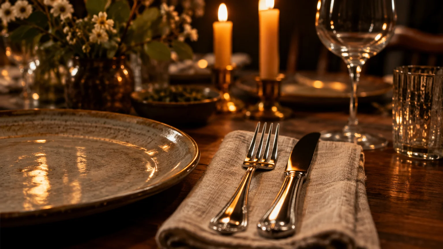 Silver fork and knife rest on a cloth napkin beside a plate on a candlelit rustic dining table.