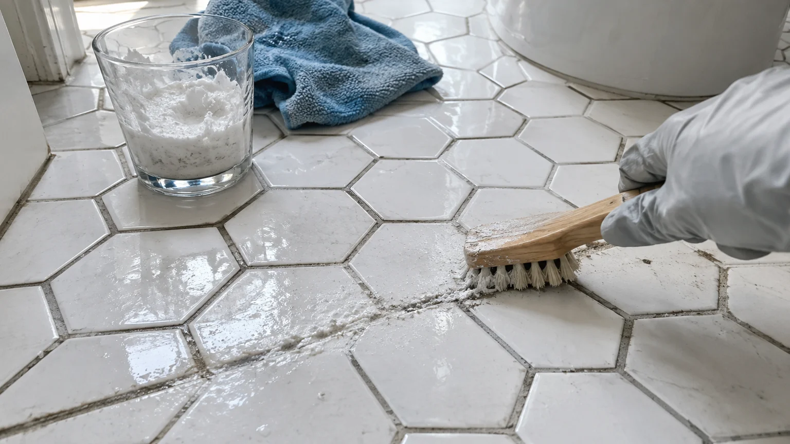 Gloved hand scrubbing hexagonal tile grout with a wooden brush beside a glass of white paste and a blue microfiber cloth.