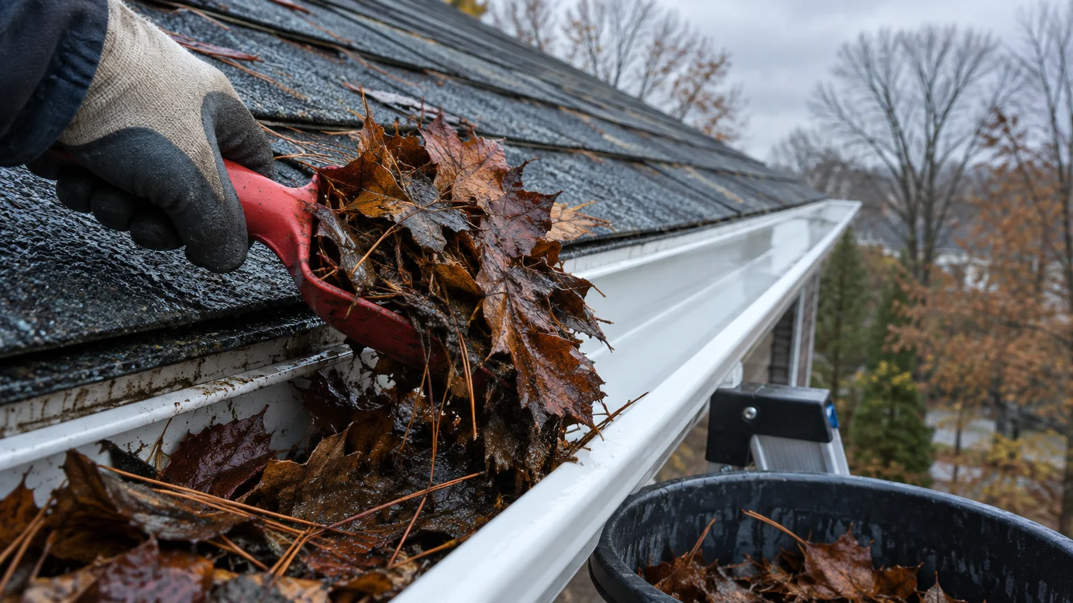 A gloved hand uses a red trowel to scoop wet leaves from a white gutter into a bucket along a roofline.