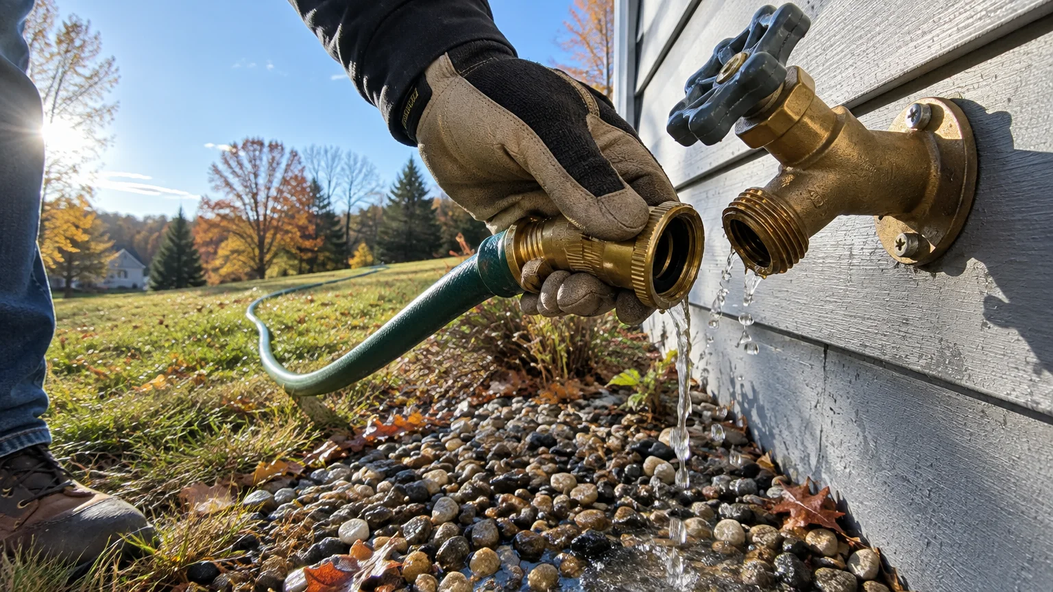 A gloved hand disconnects a green garden hose from an exterior brass spigot as water drains onto rocks below.