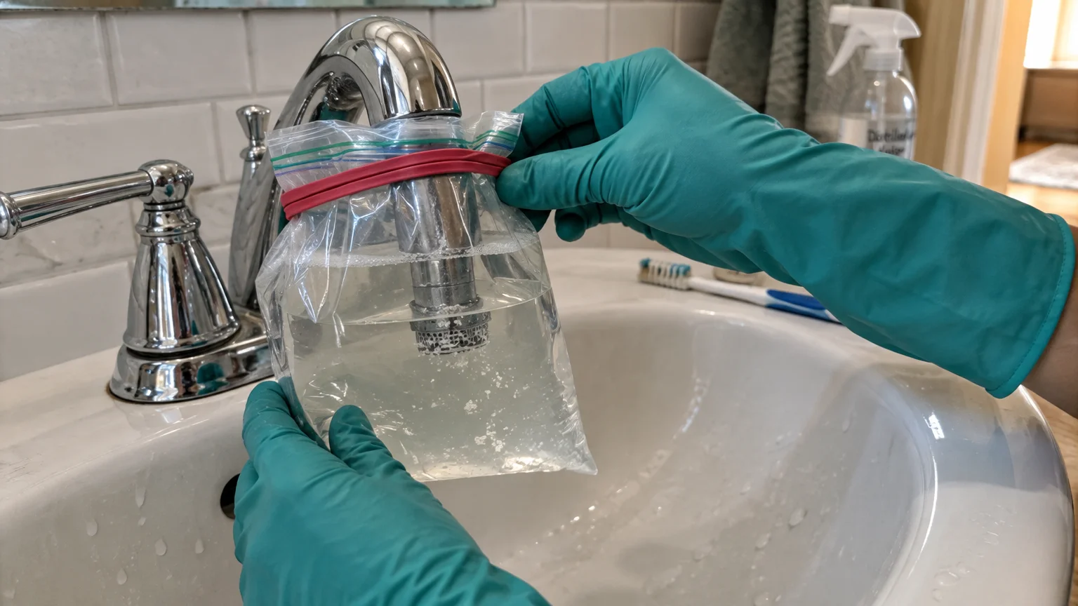 Gloved hands securing a plastic bag of liquid around a chrome faucet spout with a rubber band over a sink.
