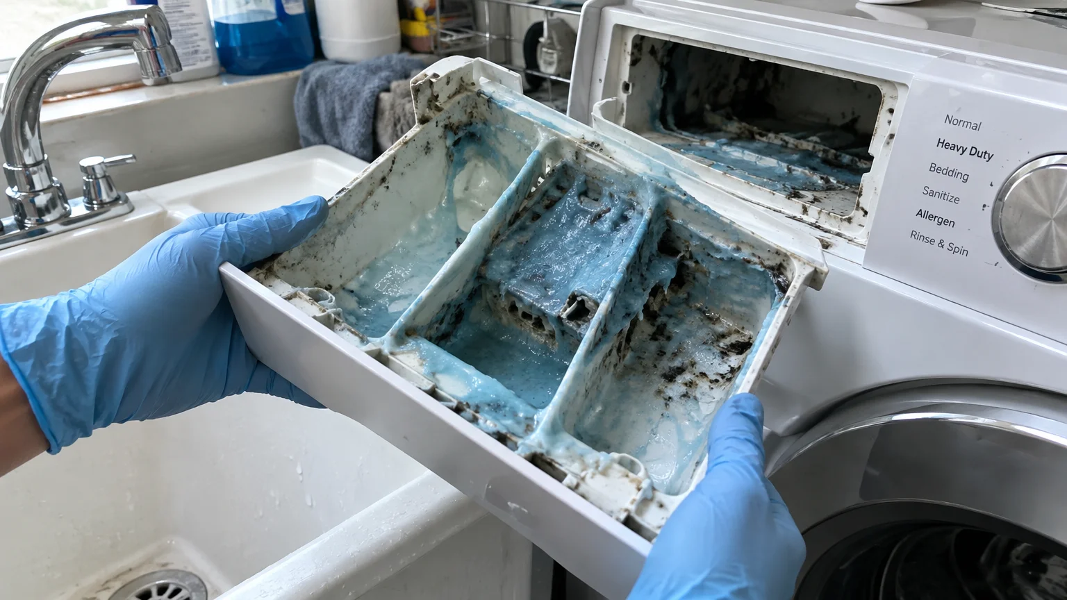 Gloved hands holding a washing machine dispenser drawer covered in thick blue residue and dark mold buildup.