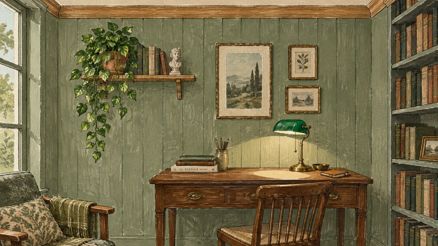 Illustration of a study with green wood-paneled walls, wooden desk, green banker's lamp, potted ivy, and bookshelf.