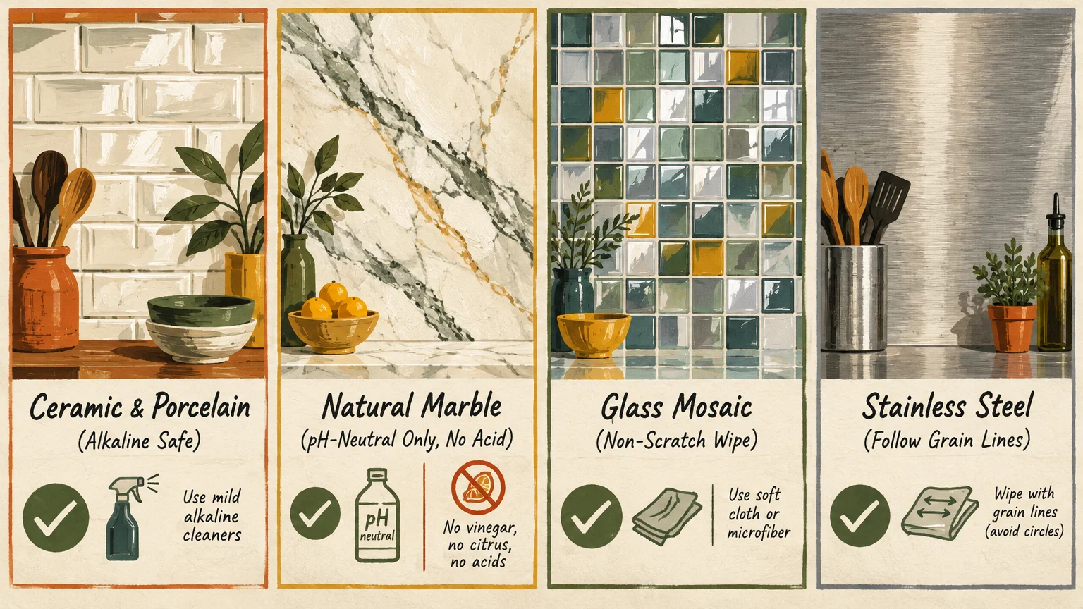 Four kitchen backsplash panels illustrating cleaning guidelines for ceramic tile, natural marble, glass mosaic, and steel.