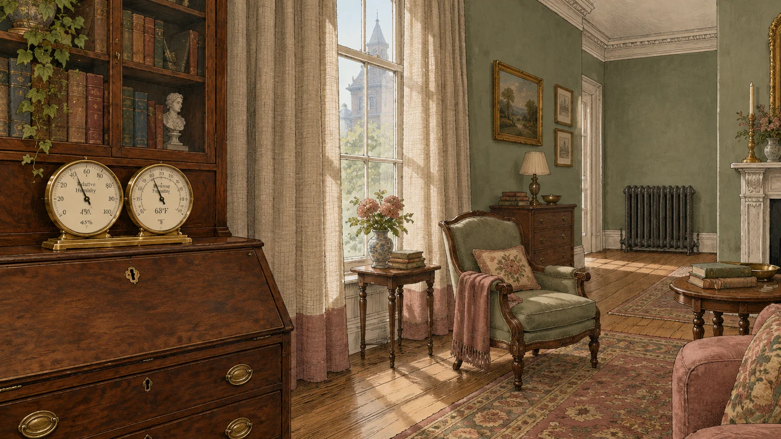 Illustration of an antique living room with a hygrometer and thermometer resting on a wooden secretary desk.