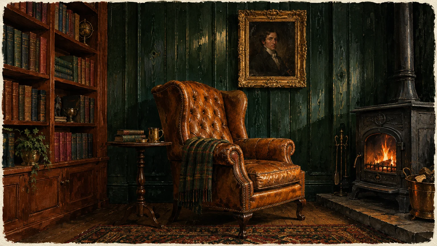 Illustration of a cozy study with dark green wood paneling, a tufted leather armchair, bookcase, and glowing fireplace.