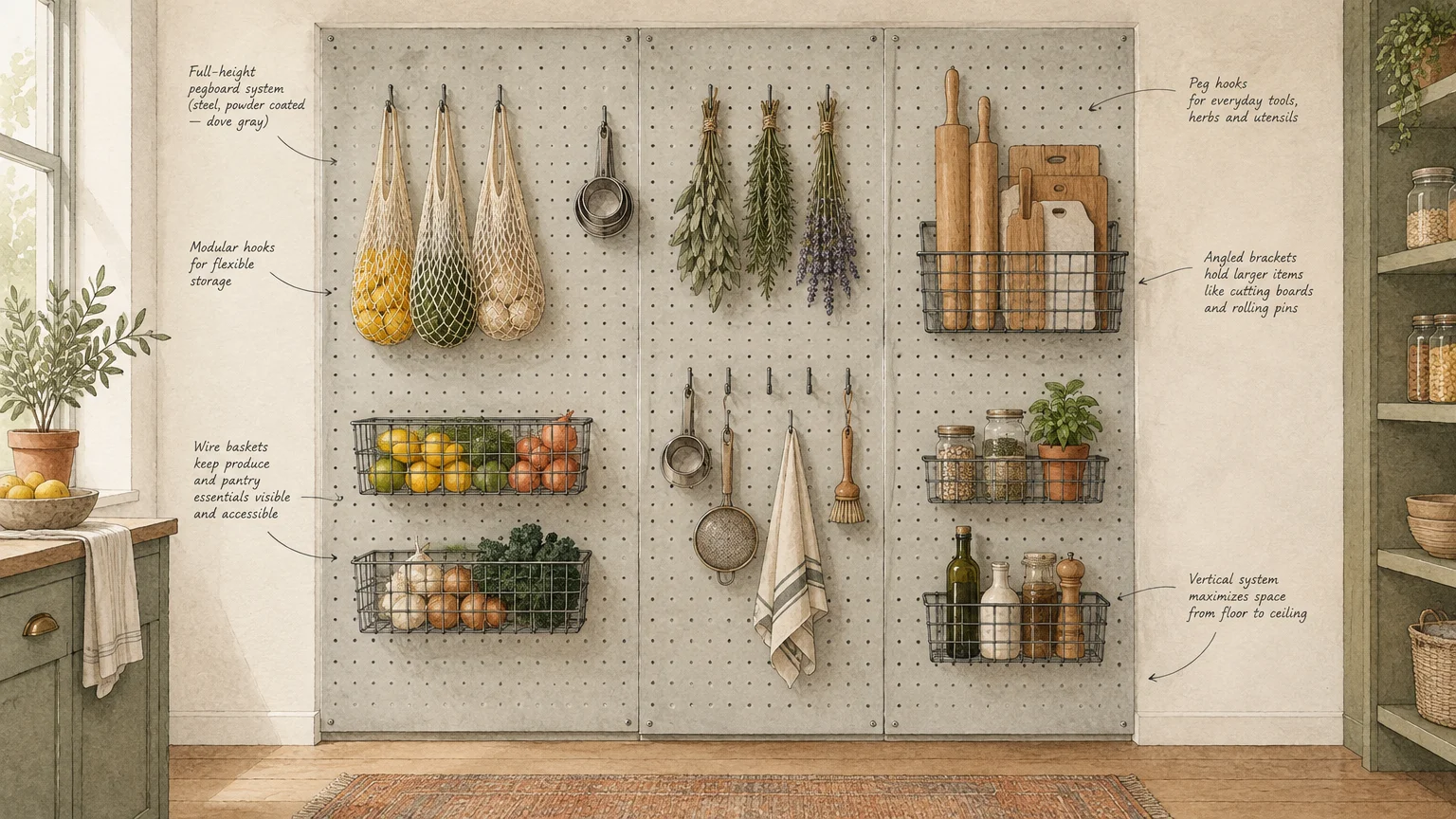 Illustration of a full-height gray pegboard wall holding wire baskets, produce nets, herbs, and kitchen utensils.