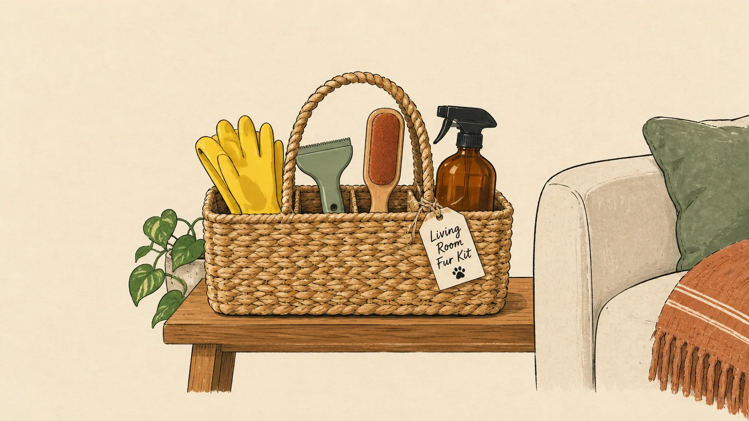 Illustration of a woven caddy labeled Living Room Fur Kit holding yellow rubber gloves, brushes, and a spray bottle.