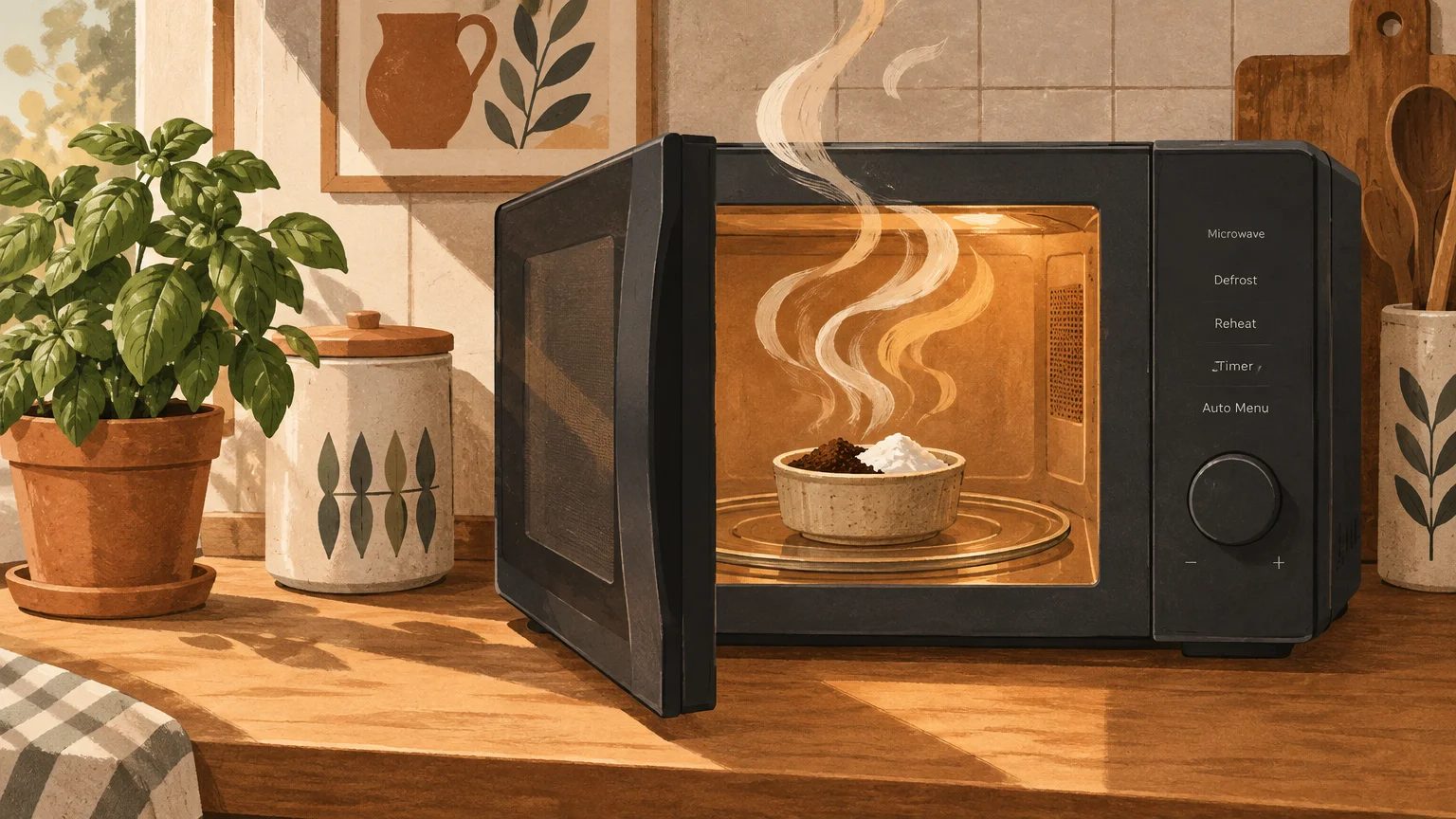 An open black microwave on a counter holding a steaming bowl of white powder and dark grounds beside a basil plant.