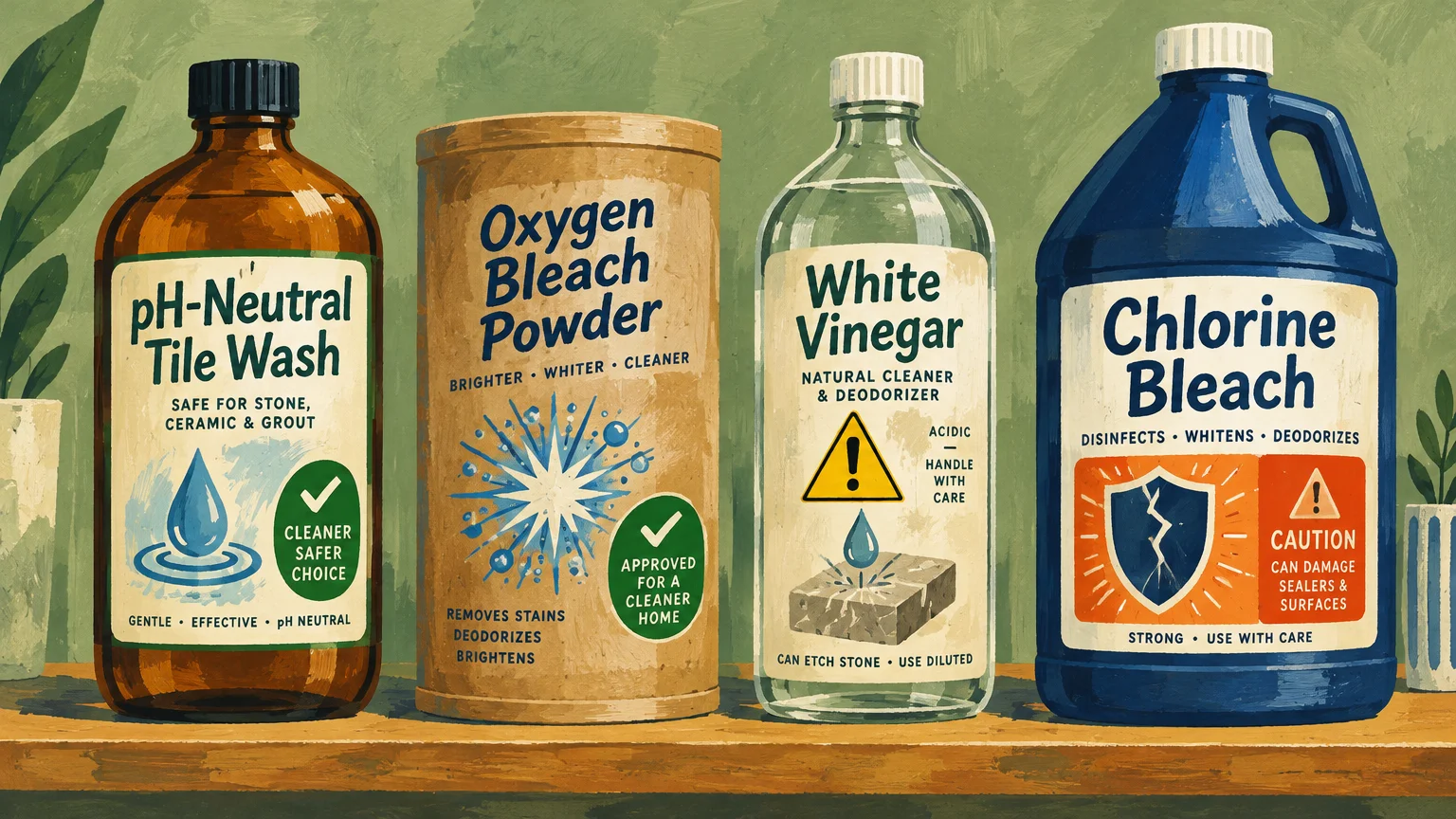 Illustration of four cleaning containers: pH-neutral wash, oxygen bleach powder, white vinegar, and chlorine bleach.