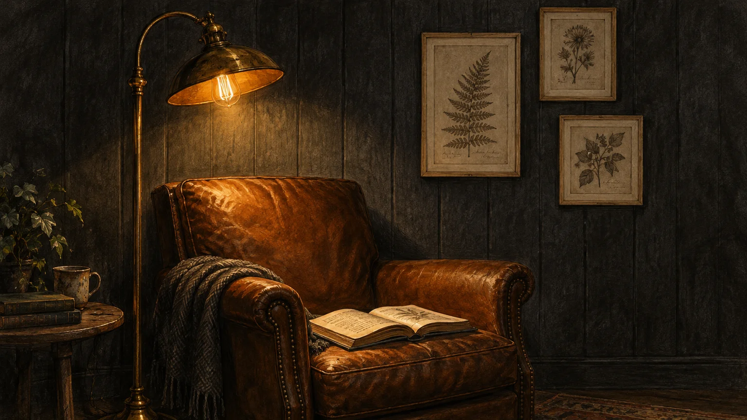 Leather armchair under a brass floor lamp against dark charcoal wood paneling decorated with botanical art prints.