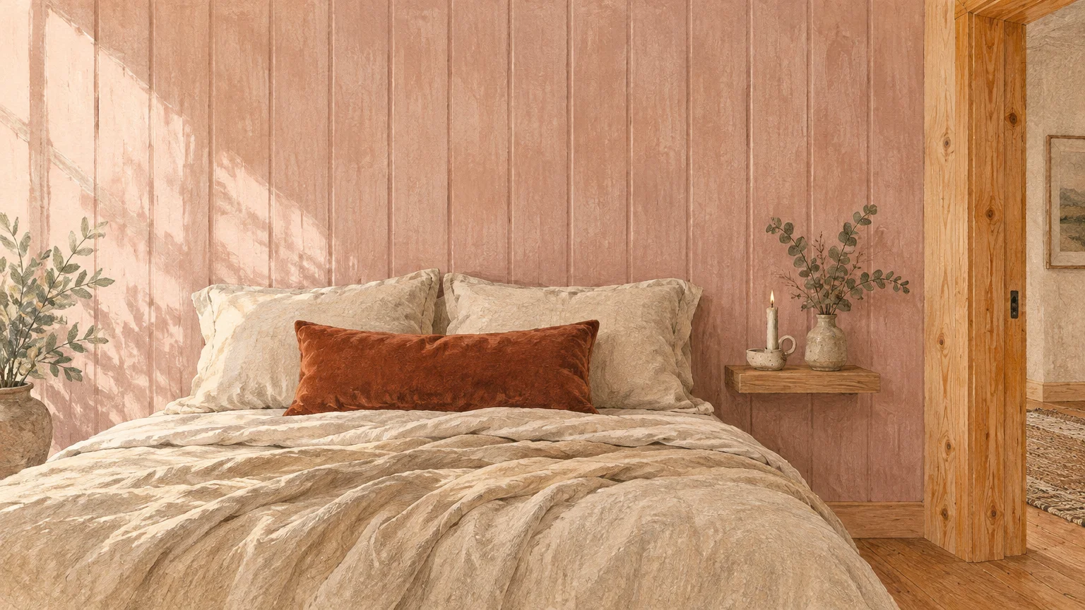 Bed with neutral linens and a long rust pillow set against vertical wood paneling painted in dusty rose.