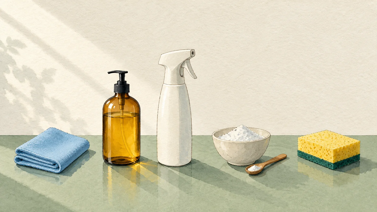 Illustration of a blue cloth, amber pump bottle, white spray bottle, bowl of powder with a spoon, and a sponge in a row.