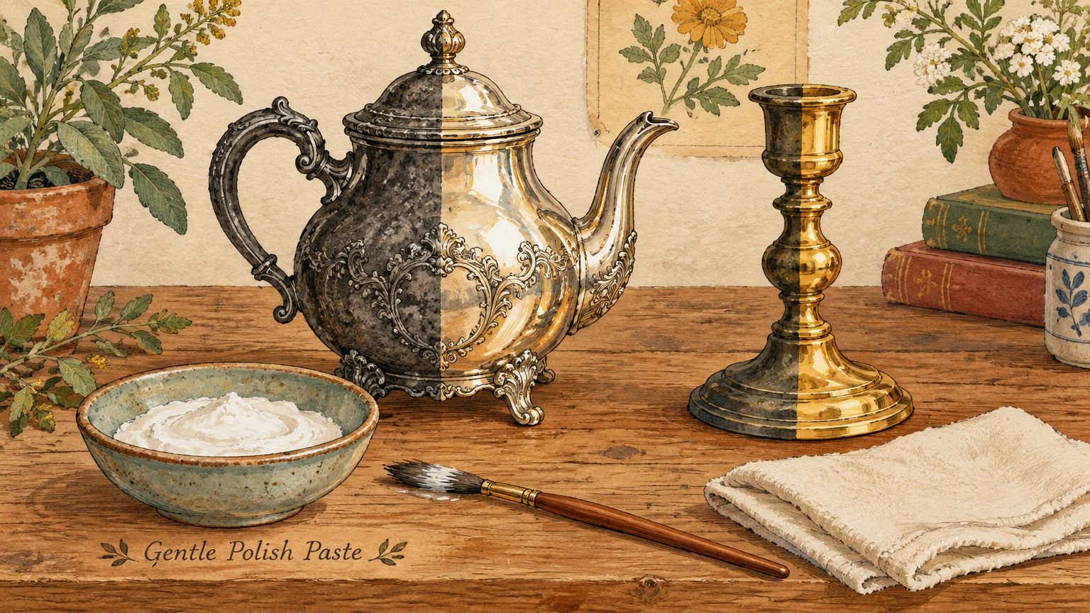 Illustration of a silver teapot and brass candlestick, each half tarnished and half polished, beside a bowl of paste.