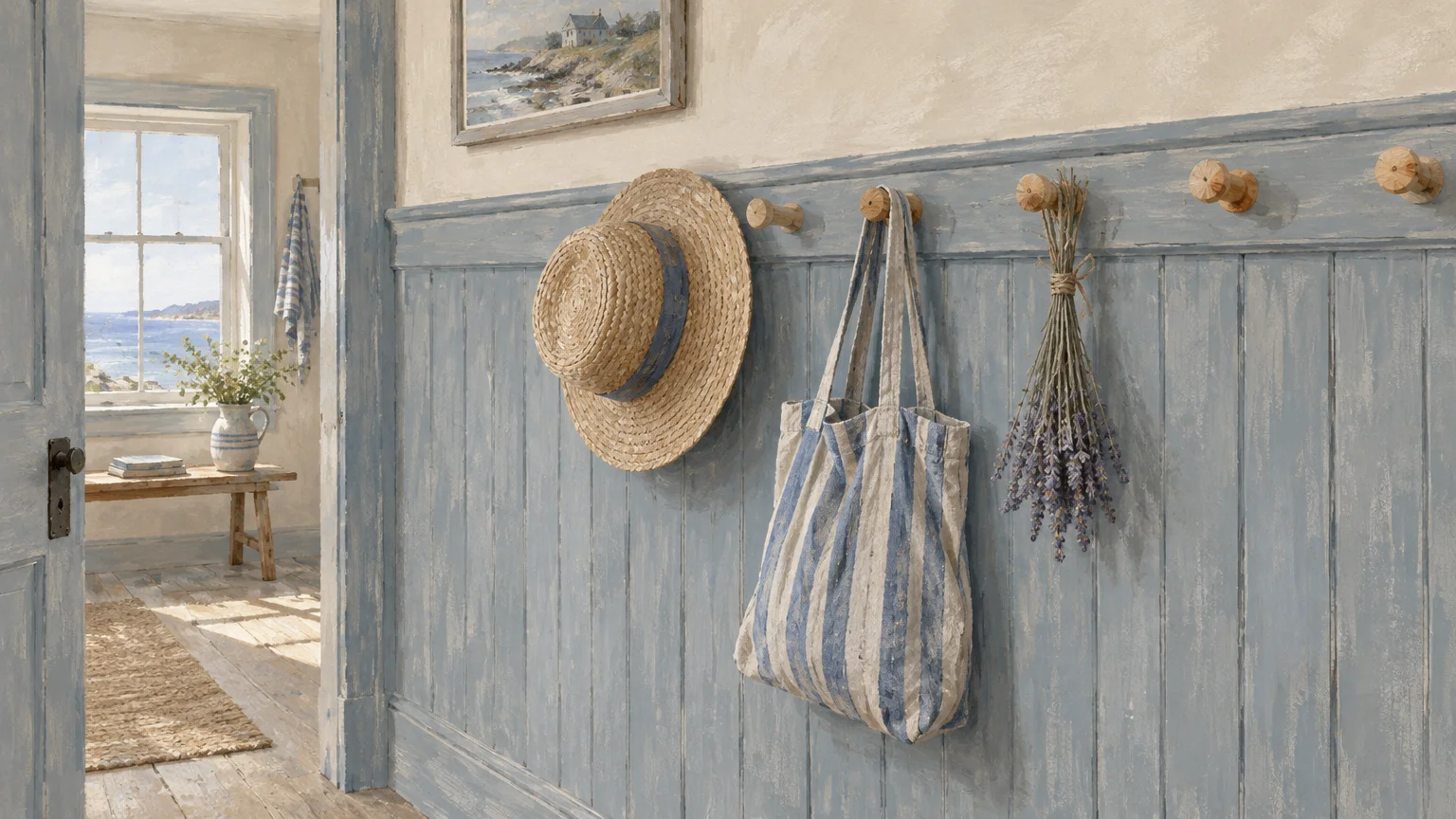 Hallway illustration with light blue board-and-batten wainscoting holding a straw hat, striped tote bag, and dried lavender.