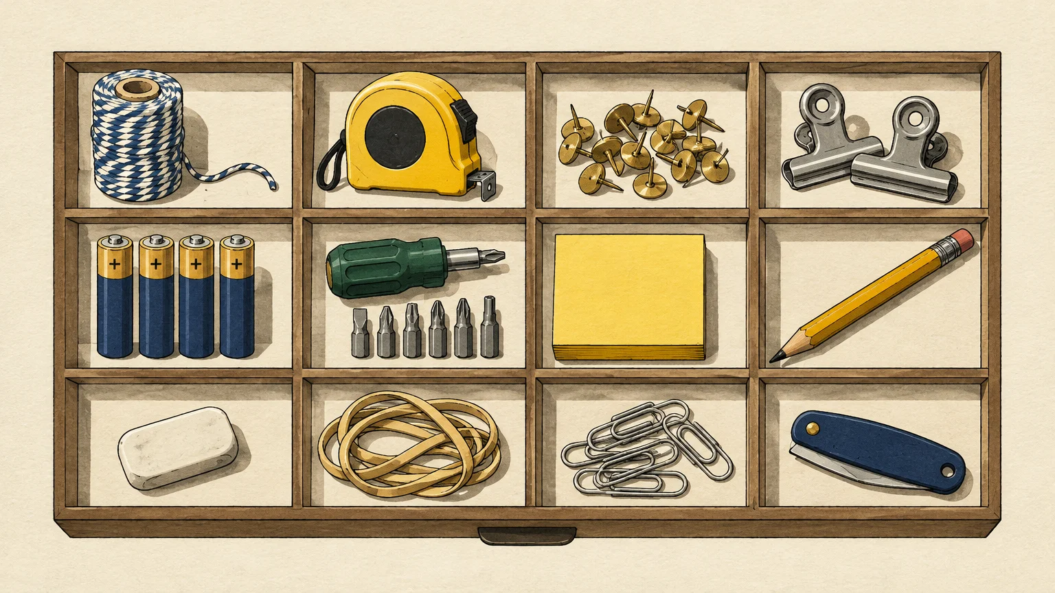 Illustration of an organized wooden drawer divided into twelve compartments holding tools, tape, paperclips, and supplies.